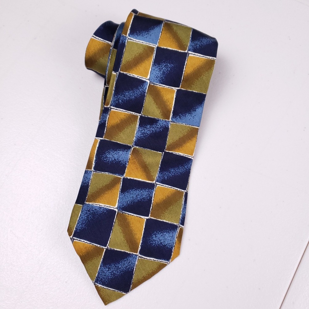 Boss Hugo‎ Boss Tie Geometric Silk Italy Navy Mustard Green Designer Accessory
